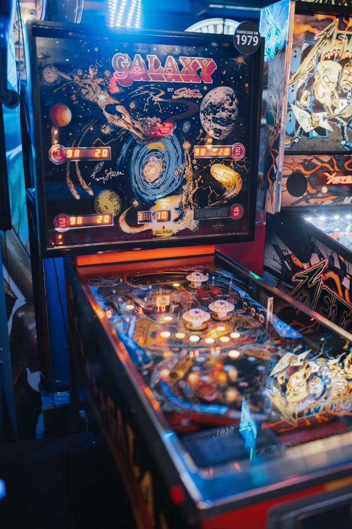 Vintage Galaxy-themed pinball machine in a vibrant arcade atmosphere, showcasing retro gaming nostalgia.